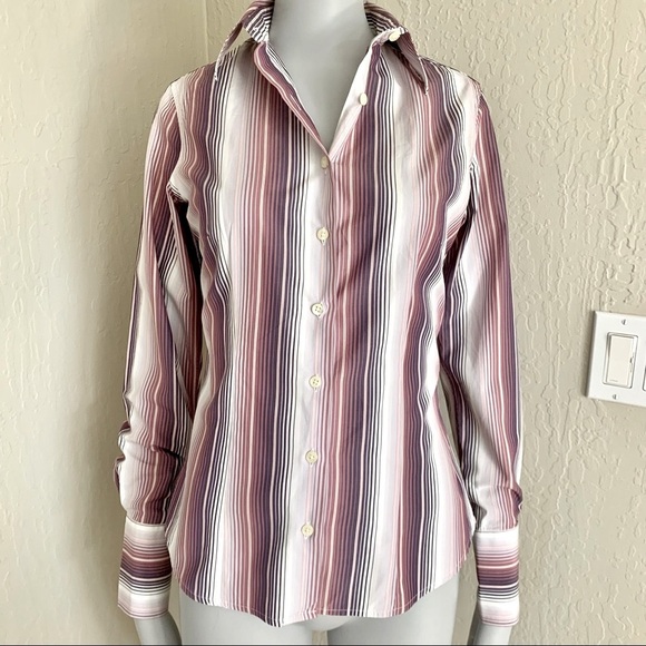 THOMAS PINK 100% Cotton Striped Button Up Shirt Plum White - Picture 13 of 16